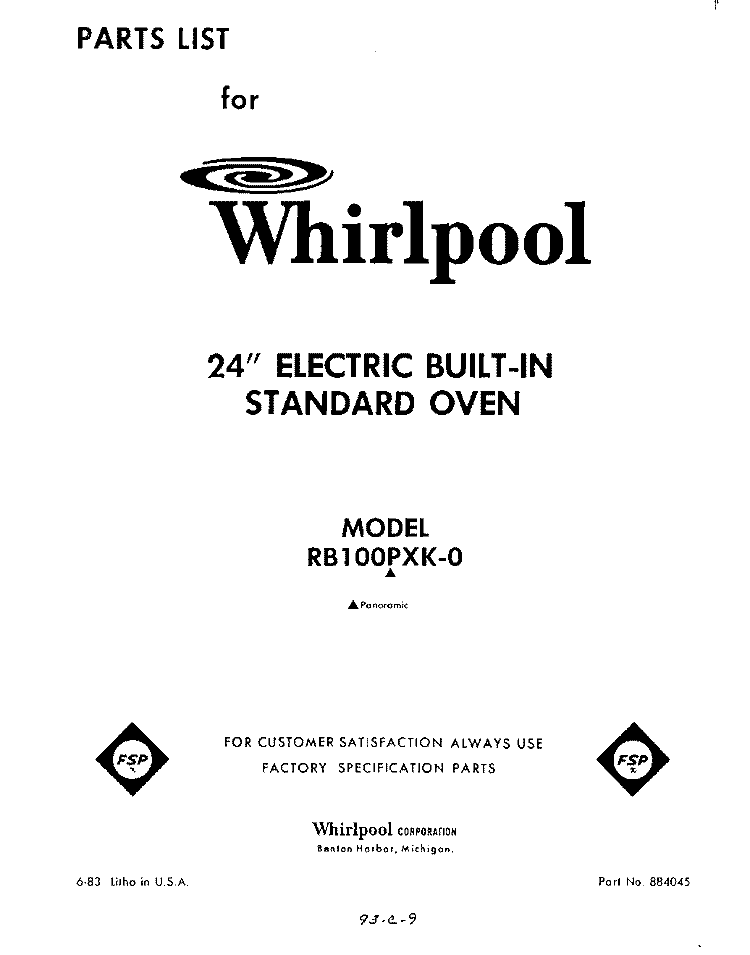 SECTION Diagram and Parts List for RB100PXK0  Whirlpool Wall Oven