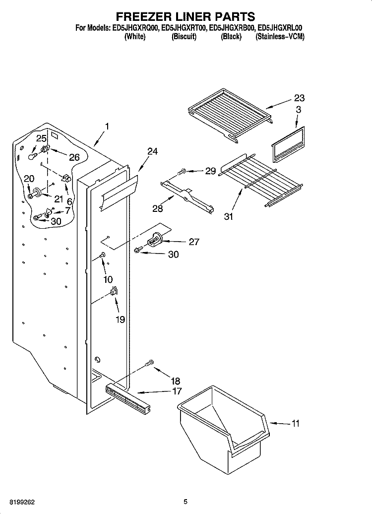 FREEZER LINER PARTS Diagram and Parts List for ED5JHGXRB00  Whirlpool Refrigerator