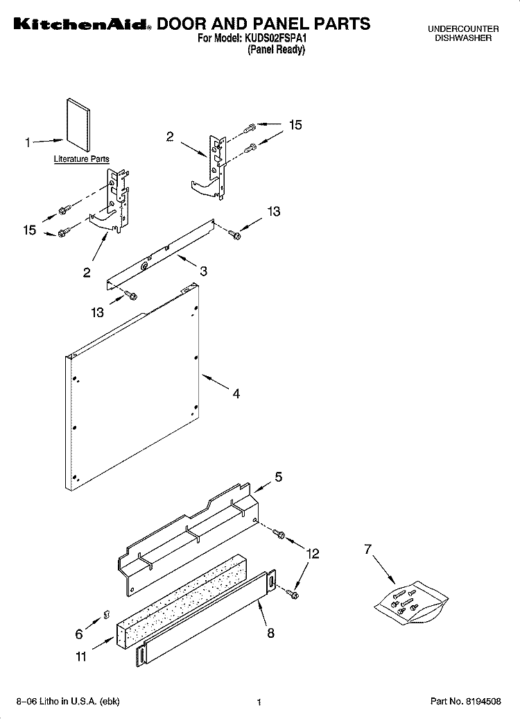 DOOR AND PANEL PARTS Diagram and Parts List for KUDS02FSPA1  KitchenAid Dishwasher
