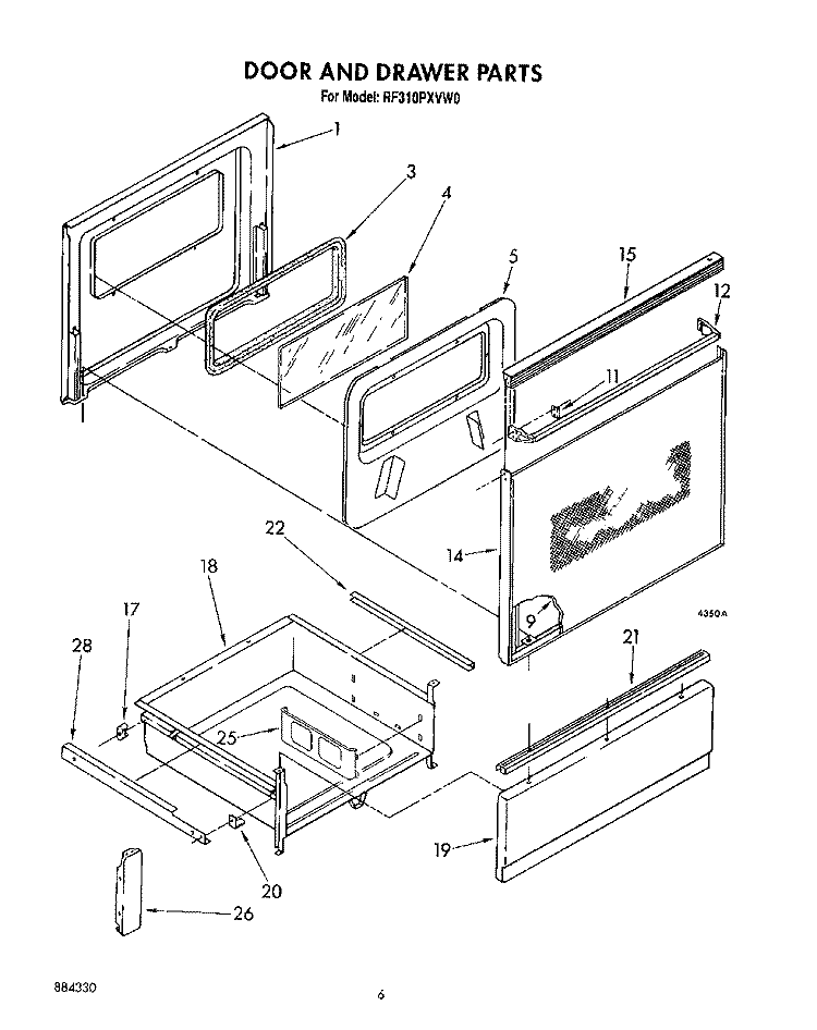DOOR AND DRAWER Diagram and Parts List for RF310PXVF0  Whirlpool Range