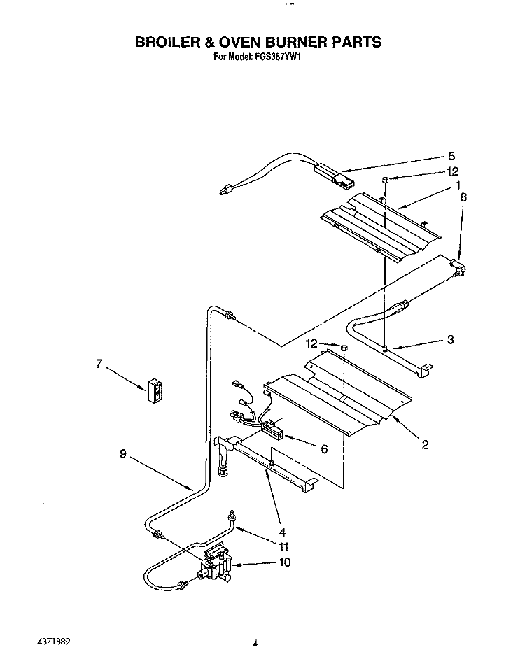 BROILER AND OVEN BURNER Diagram and Parts List for FGS387YW1  Roper Range