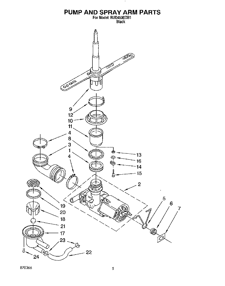 PUMP AND SPRAY ARM Diagram and Parts List for RUD4500DB1  Roper Dishwasher