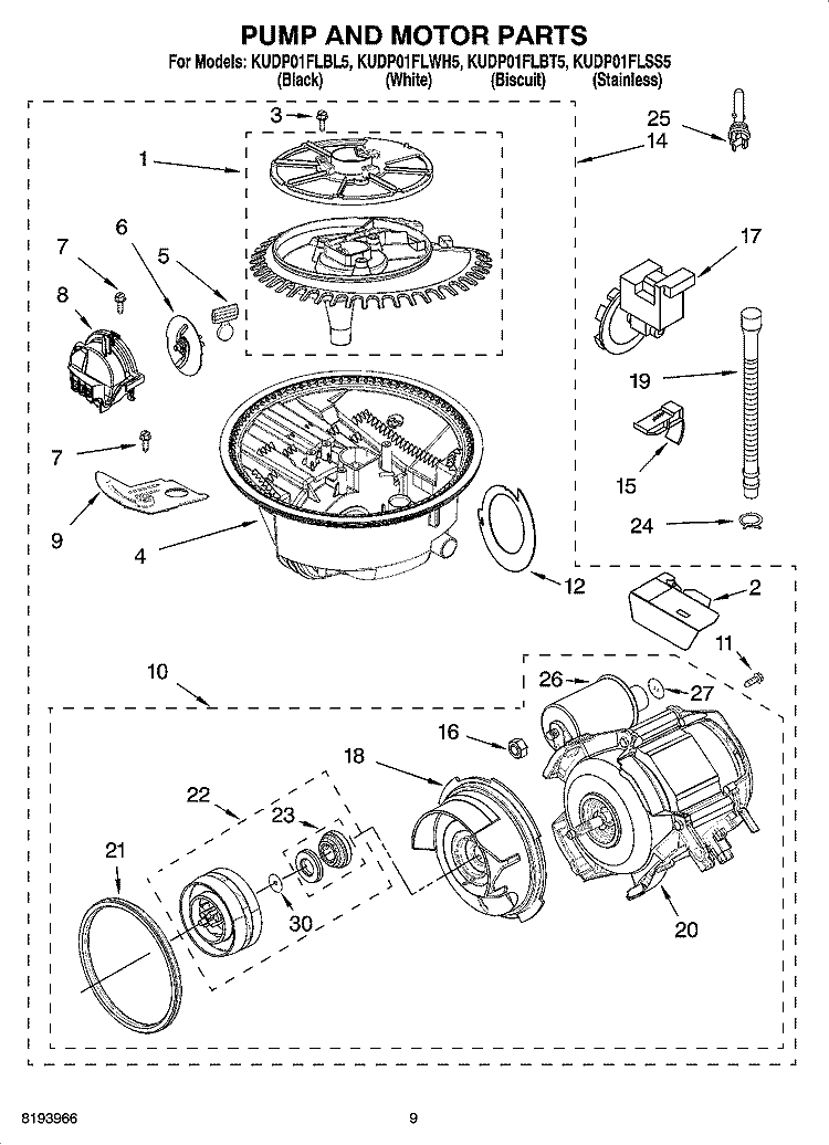 PUMP AND MOTOR PARTS Diagram and Parts List for KUDP01FLBL5  KitchenAid Dishwasher