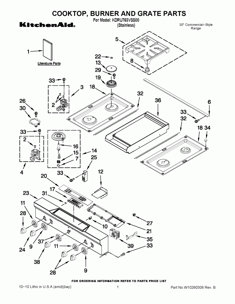 COOKTOP, BURNER AND GRATE PARTS Diagram and Parts List for KDRU763VSS00  KitchenAid Range