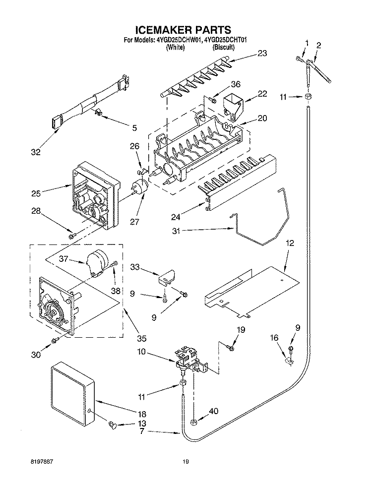 ICEMAKER Diagram and Parts List for 4YGD25DCHW01  Whirlpool Refrigerator