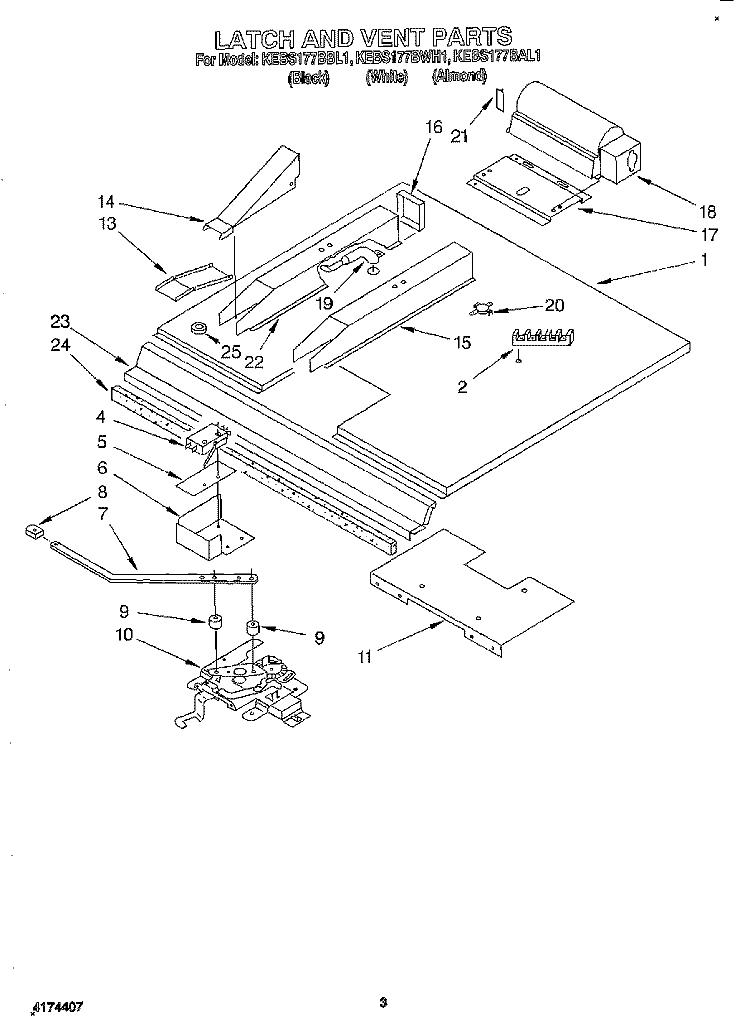 LATCH AND VENT Diagram and Parts List for KEBS177BWH1  KitchenAid Wall Oven