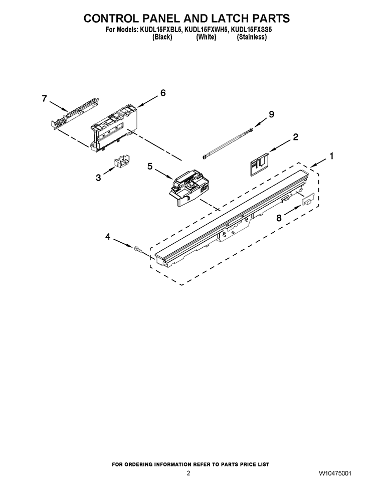 CONTROL PANEL AND LATCH PARTS Diagram and Parts List for KUDL15FXBL5  KitchenAid Dishwasher