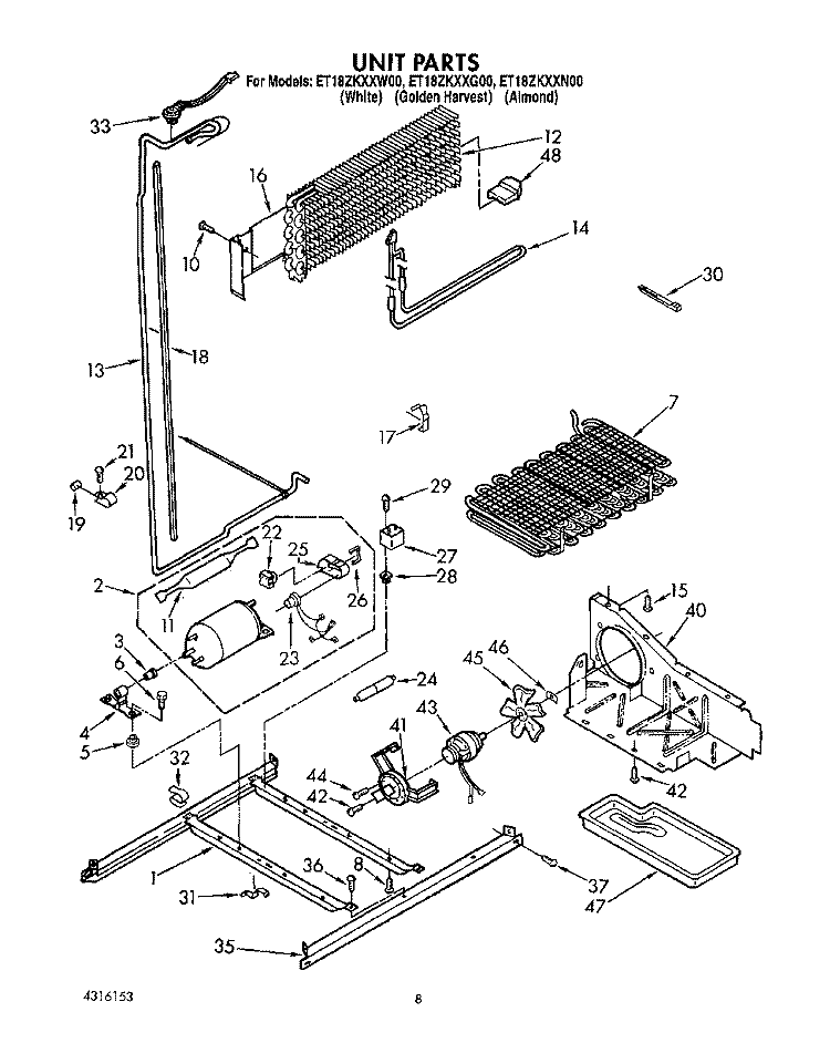 UNIT Diagram and Parts List for ET18ZKXXW00  Whirlpool Refrigerator
