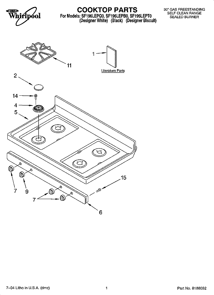 COOKTOP PARTS Diagram and Parts List for SF196LEPT0  Whirlpool Range