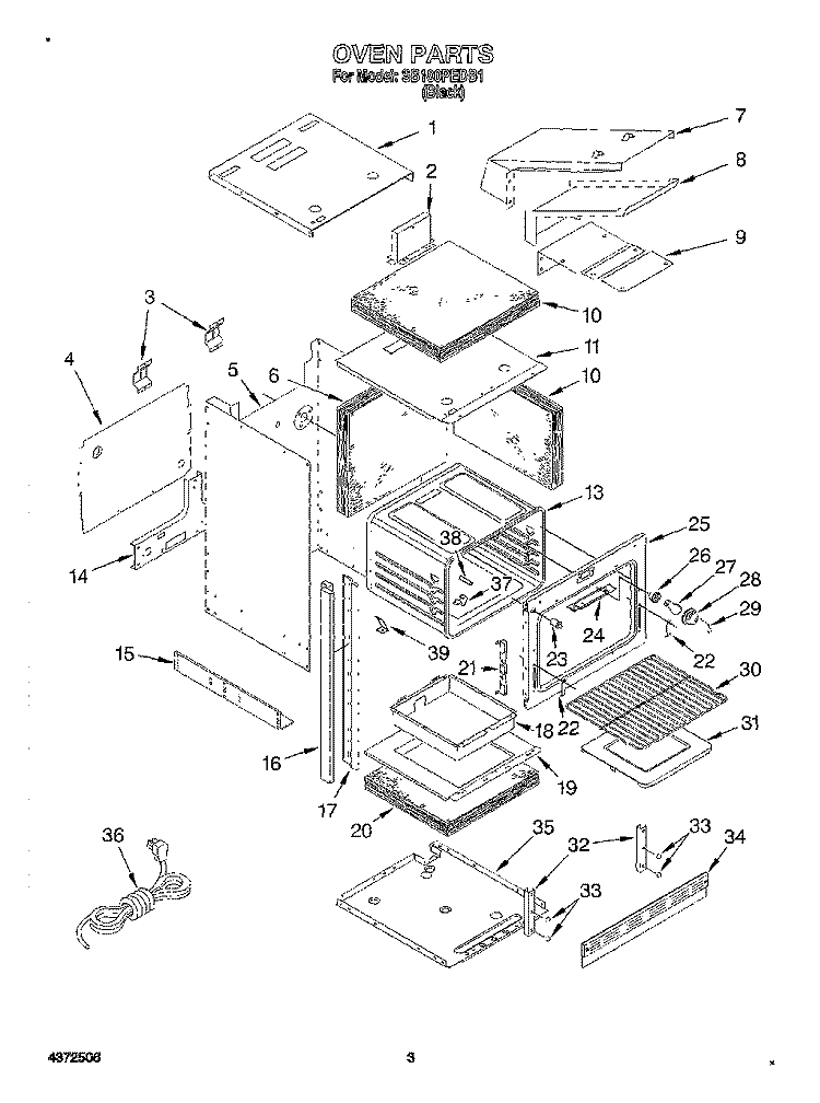 OVEN Diagram and Parts List for SB100PEDB1  Whirlpool Wall Oven