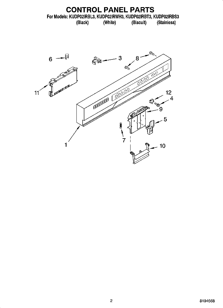 CONTROL PANEL PARTS Diagram and Parts List for KUDP02IRWH3  KitchenAid Dishwasher