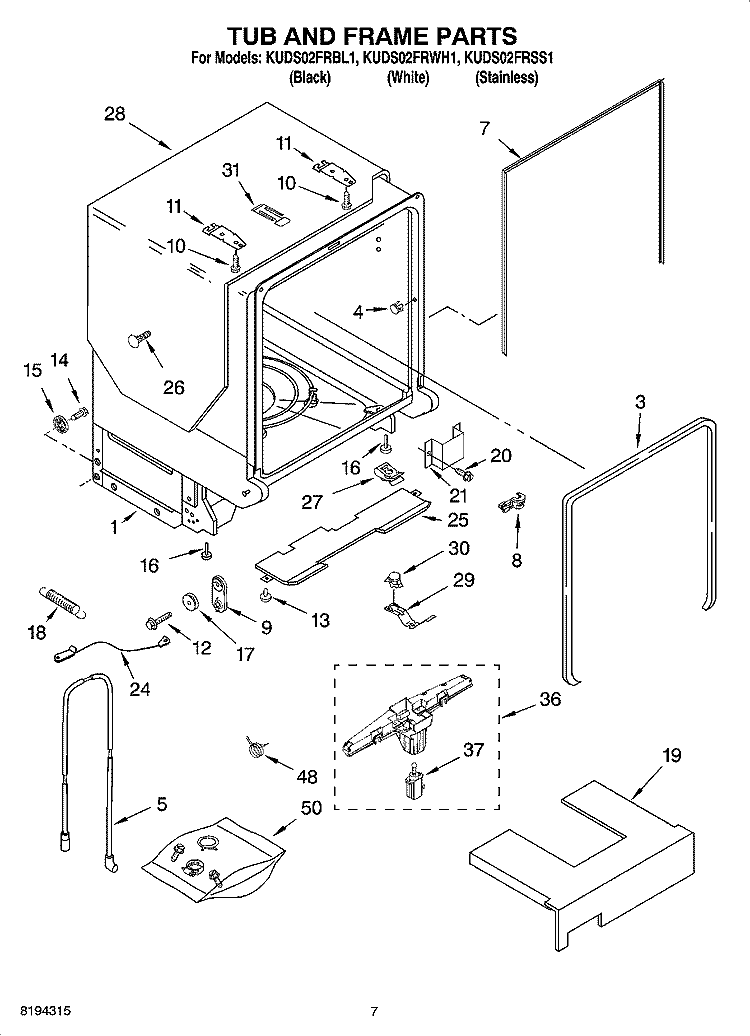 TUB AND FRAME PARTS Diagram and Parts List for KUDS02FRWH1  KitchenAid Dishwasher