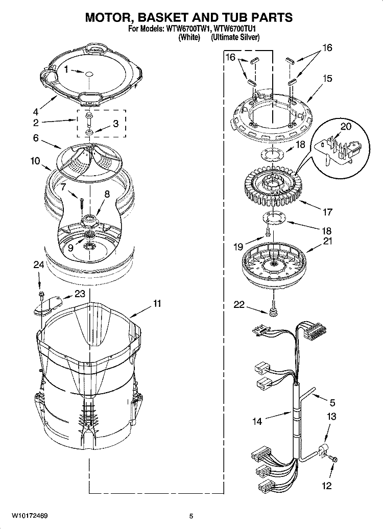 MOTOR, BASKET AND TUB PARTS Diagram and Parts List for WTW6700TW1  Whirlpool Washer