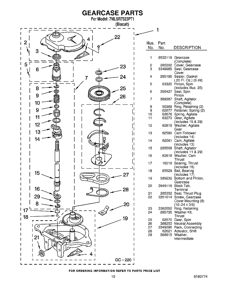 GEARCASE PARTS Diagram and Parts List for 7MLSR7523PT1  Whirlpool Washer