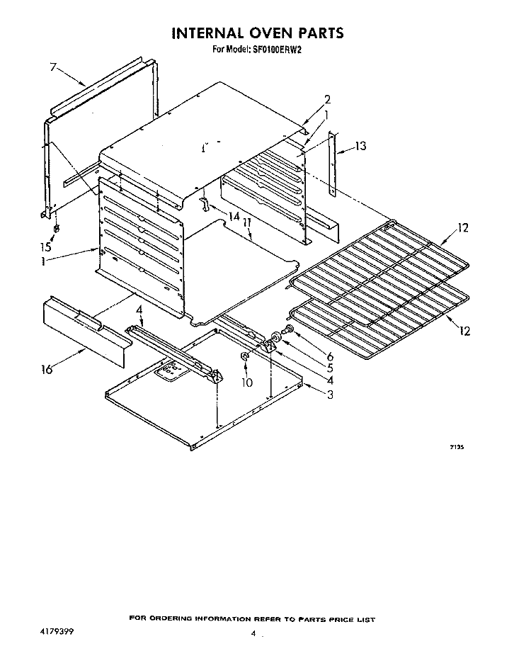 INTERNAL OVEN Diagram and Parts List for SF0100ERW2  Whirlpool Range