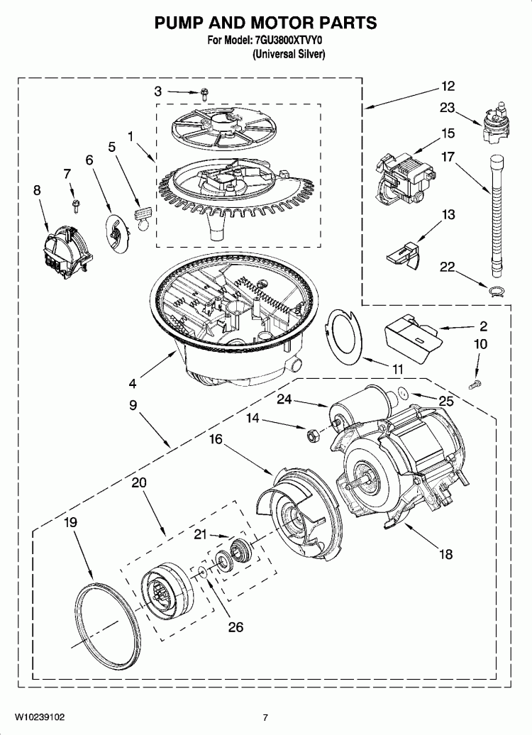 PUMP AND MOTOR PARTS Diagram and Parts List for 7GU3800XTVY0  Whirlpool Dishwasher