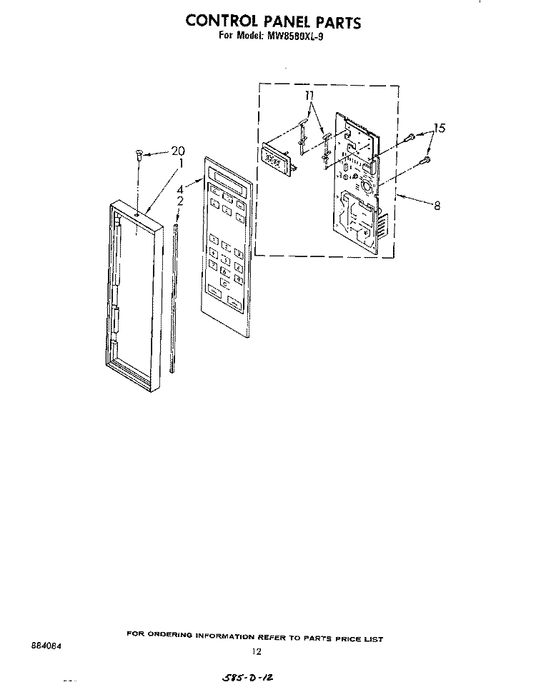 CONTROL PANEL Diagram and Parts List for MW8580XL9  Whirlpool Microwave