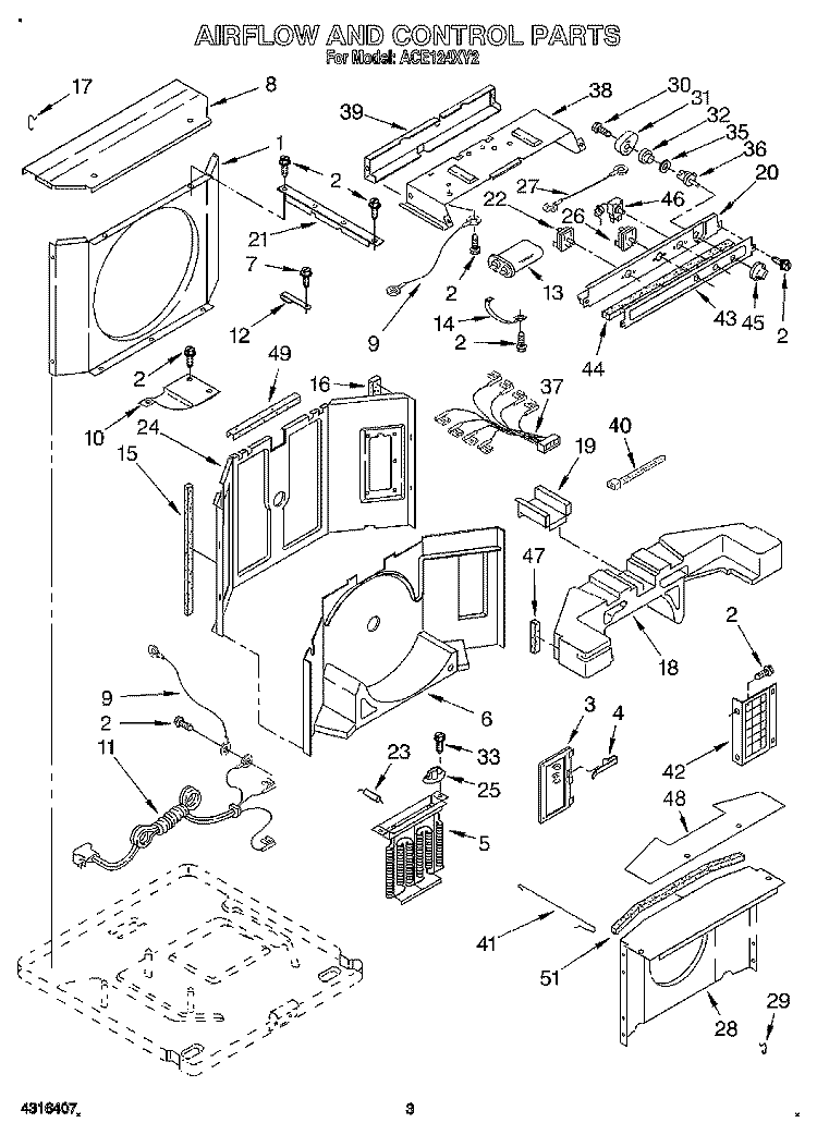 AIRFLOW AND CONTROL Diagram and Parts List for ACE124XY2  Whirlpool Air Conditioner