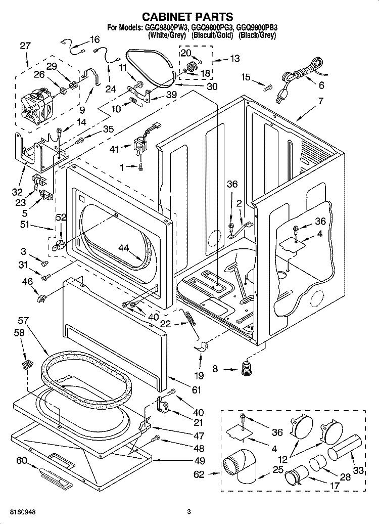 CABINET PARTS Diagram and Parts List for GGQ9800PG3  Whirlpool Dryer