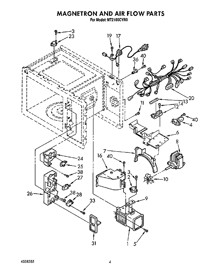 MAGNETRON AND AIR FLOW, LIT/OPTIONAL Diagram and Parts List for MT2100CYR0  Whirlpool Microwave