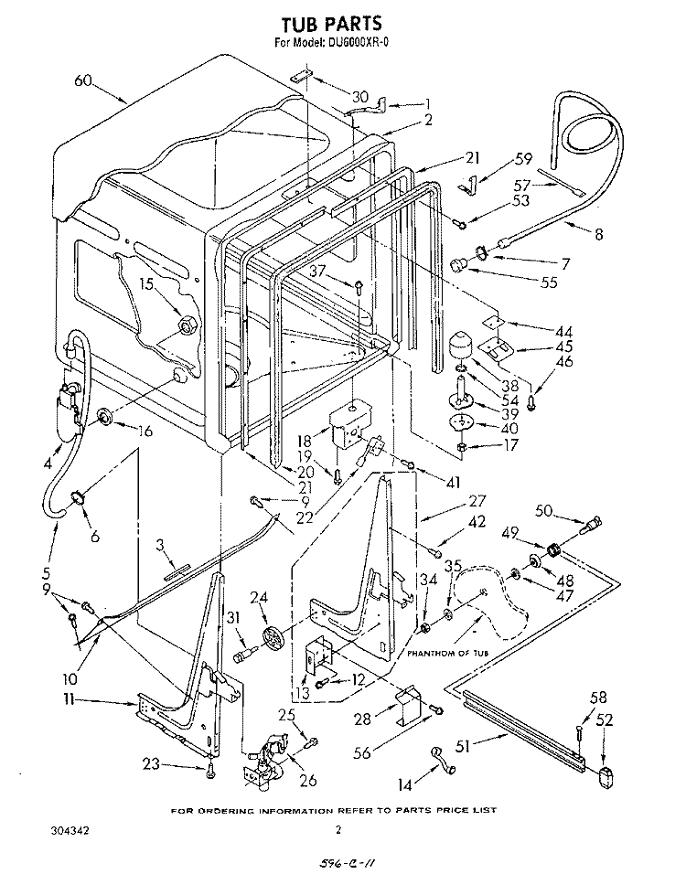 TUB , LITERATURE AND OPTIONAL Diagram and Parts List for DU6000XR0  Whirlpool Dishwasher
