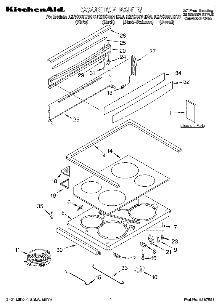 COOKTOP, LITERATURE Diagram and Parts List for KERC607HBT5  KitchenAid Range