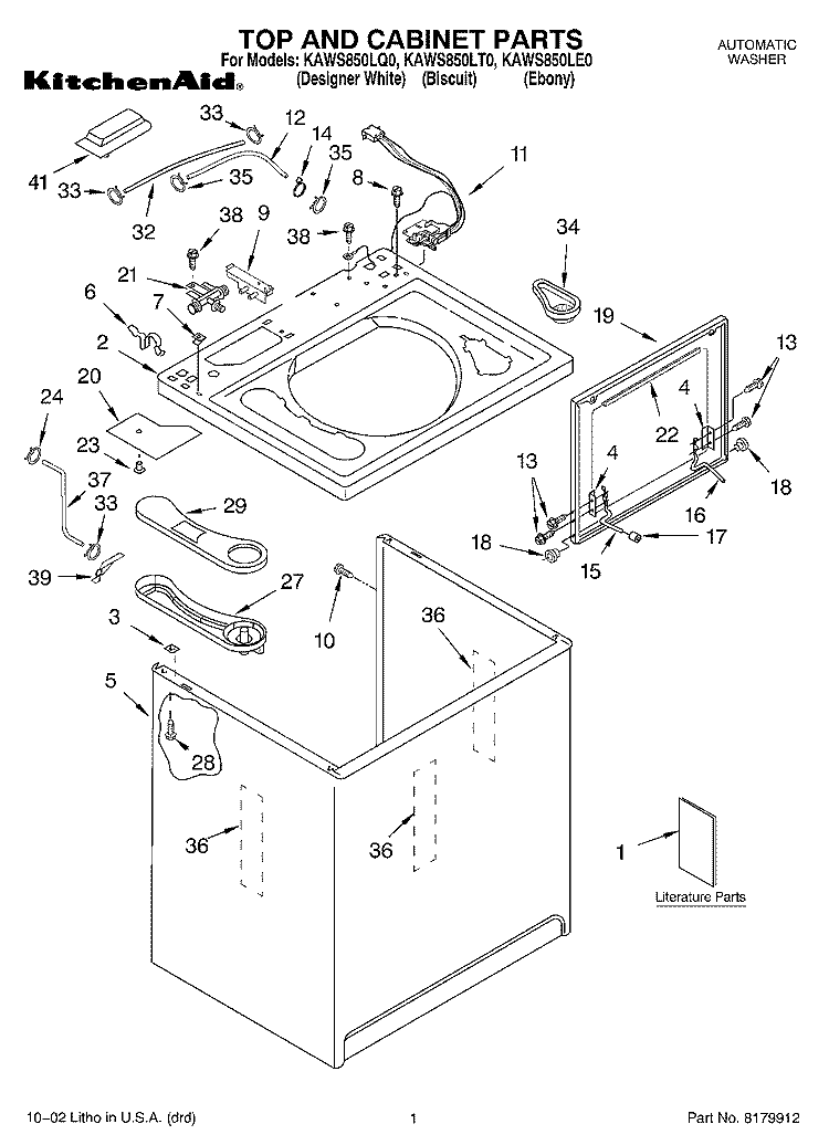 TOP AND CABINET, LITERATURE Diagram and Parts List for KAWS850LE0  KitchenAid Washer
