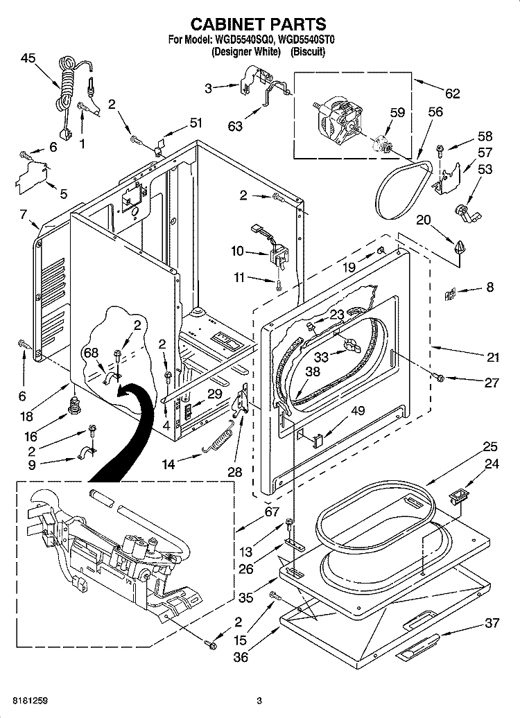 CABINET PARTS Diagram and Parts List for WGD5540ST0  Whirlpool Dryer
