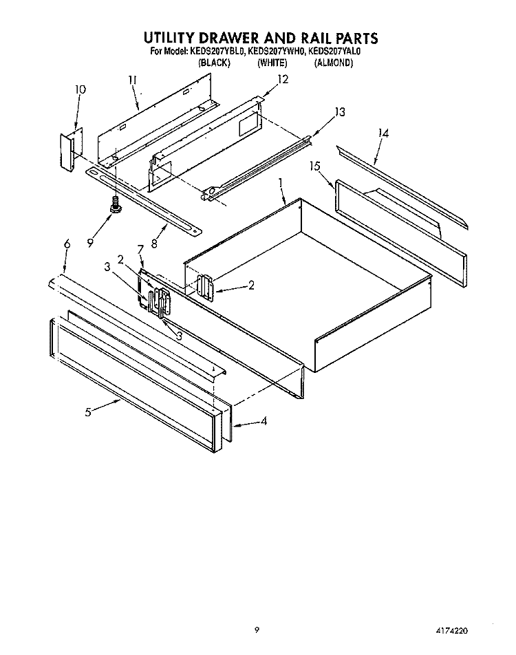 UTILITY DRAWER AND RAIL Diagram and Parts List for KEDS207YAL0  KitchenAid Range