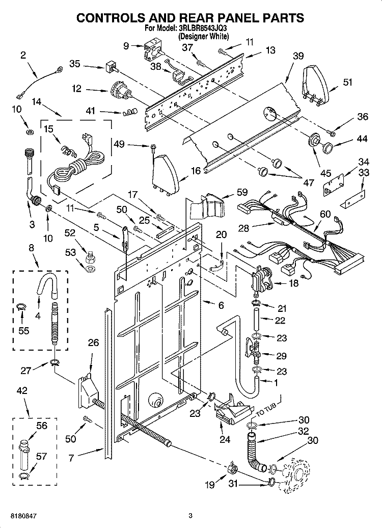 CONTROLS AND REAR PANEL PARTS Diagram and Parts List for 3RLBR8543JQ3  Whirlpool Washer
