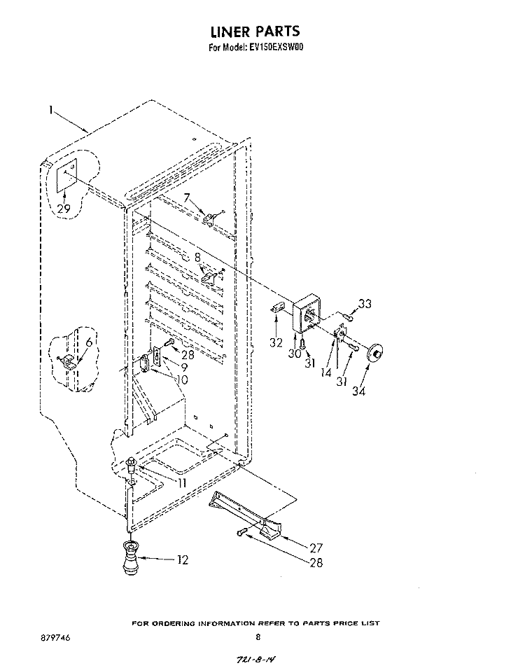 LINER Diagram and Parts List for EV150EXSW00  Whirlpool Freezer