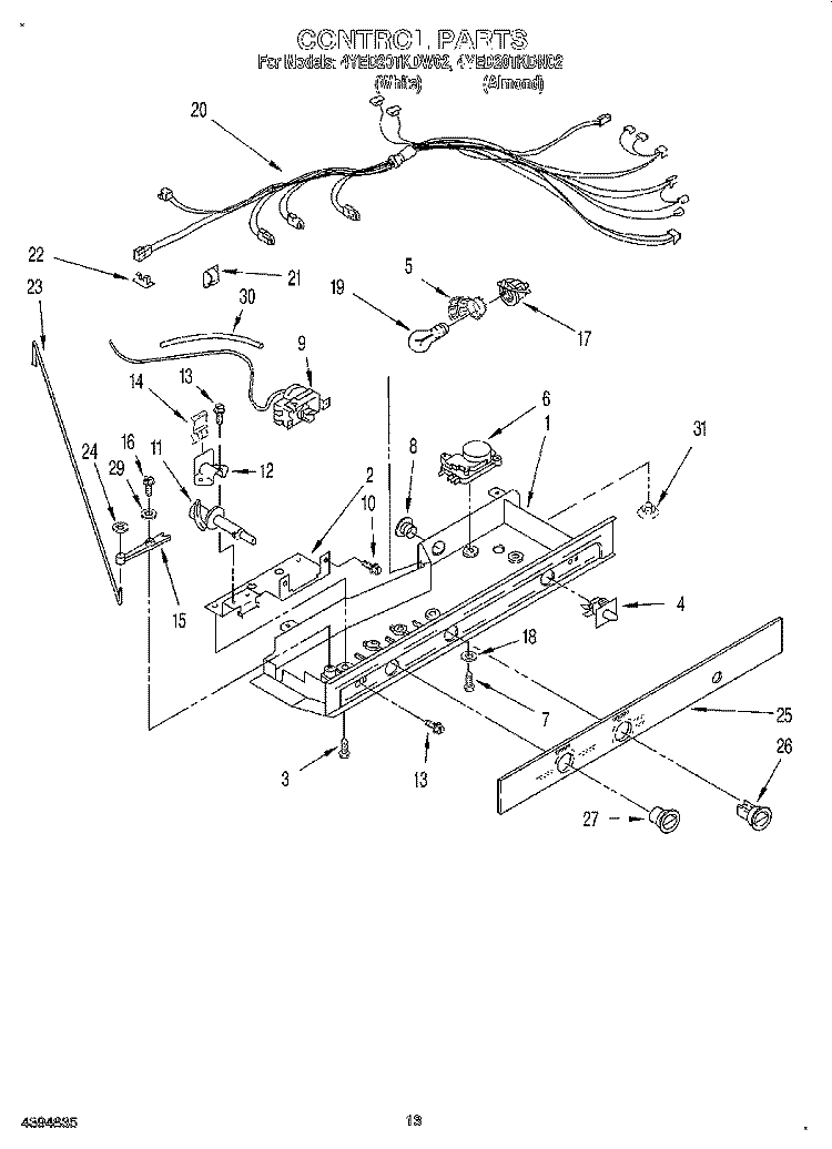 CONTROL, LIT/OPTIONAL Diagram and Parts List for 4YED20TKDN02  Whirlpool Refrigerator