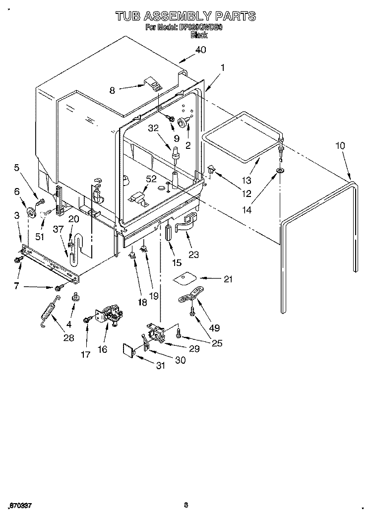 TUB ASSEMBLY Diagram and Parts List for DP920QWDB0  Whirlpool Dishwasher
