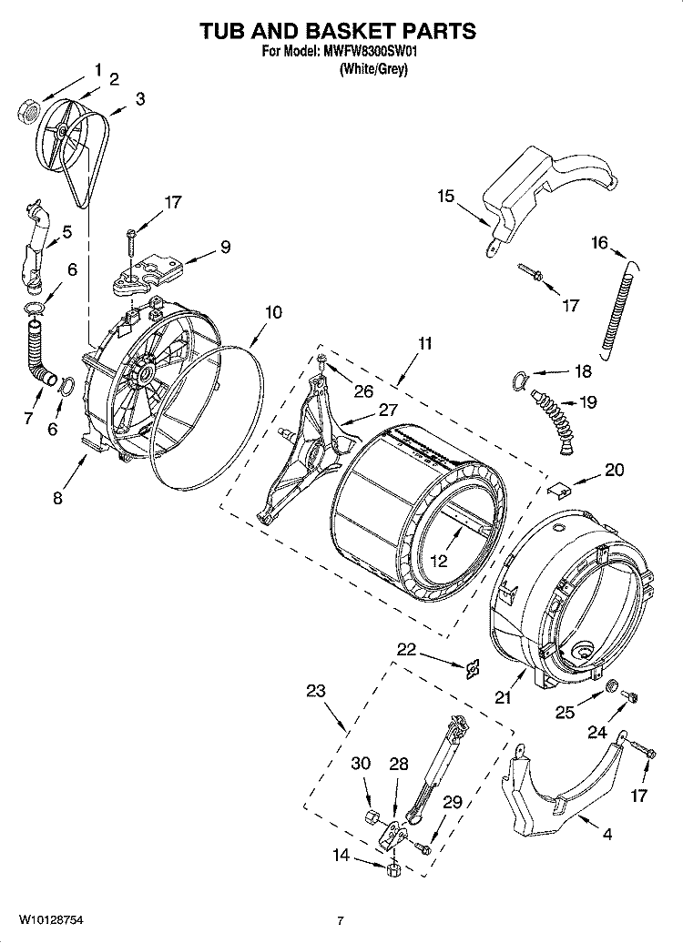 TUB AND BASKET PARTS, OPTIONAL PARTS (NOT INCLUDED) Diagram and Parts List for MWFW8300SW01  Whirlpool Washer