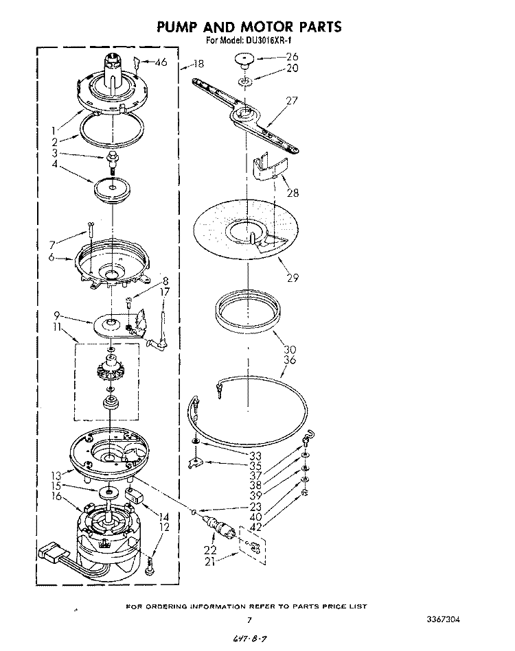 PUMP AND MOTOR Diagram and Parts List for DU3016XR1  Whirlpool Dishwasher