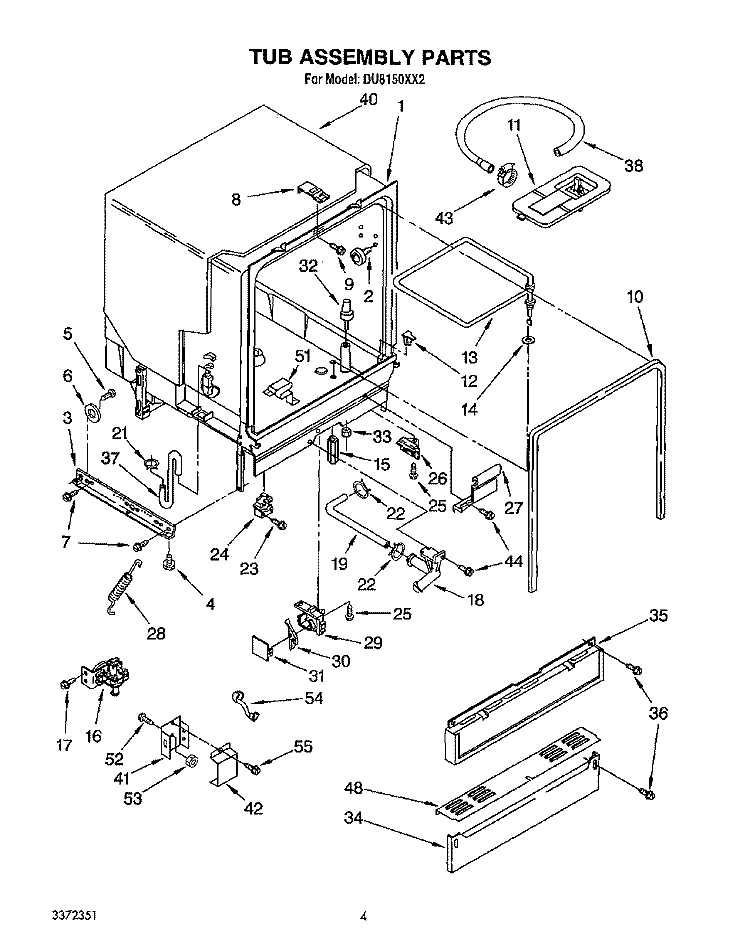 TUB ASSEMBLY, LIT/OPTIONAL Diagram and Parts List for DU8150XX2  Whirlpool Dishwasher