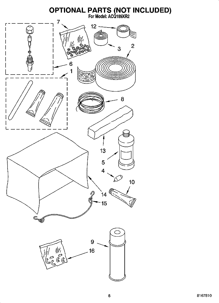 OPTIONAL  PARTS (NOT INCLUDED) Diagram and Parts List for ACQ189XR2  Whirlpool Air Conditioner