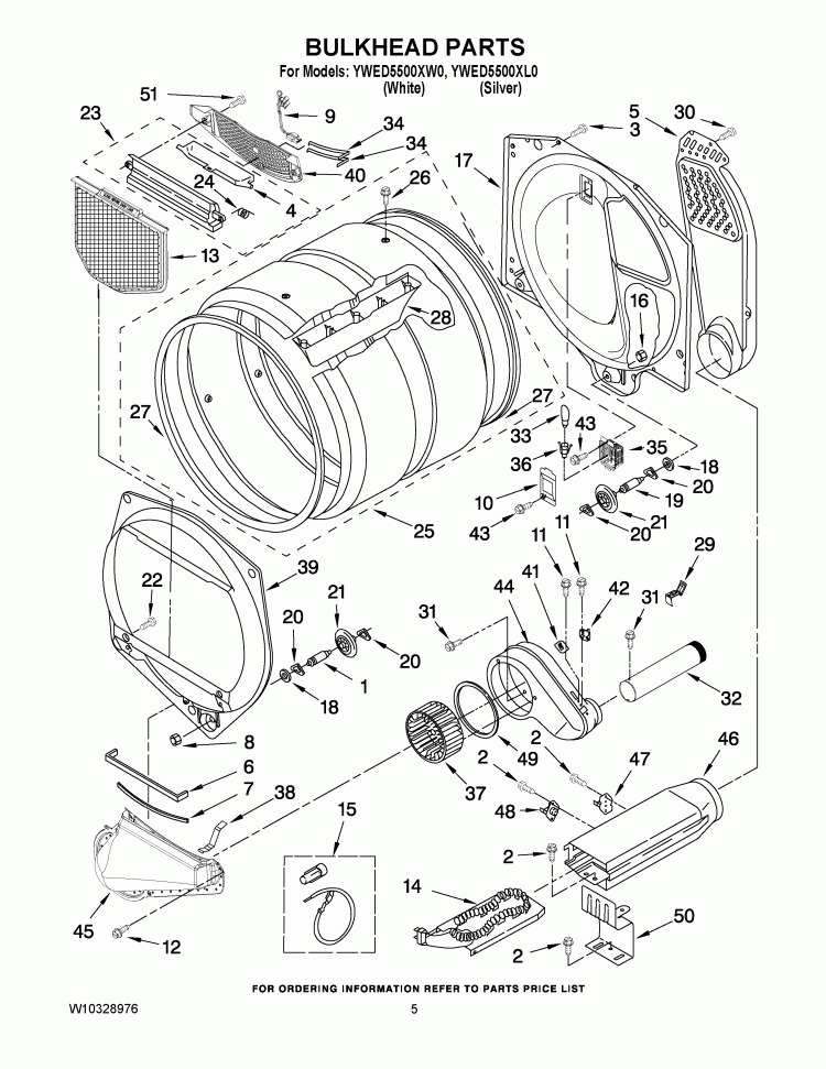 BULKHEAD PARTS Diagram and Parts List for YWED5500XL0  Whirlpool Dryer