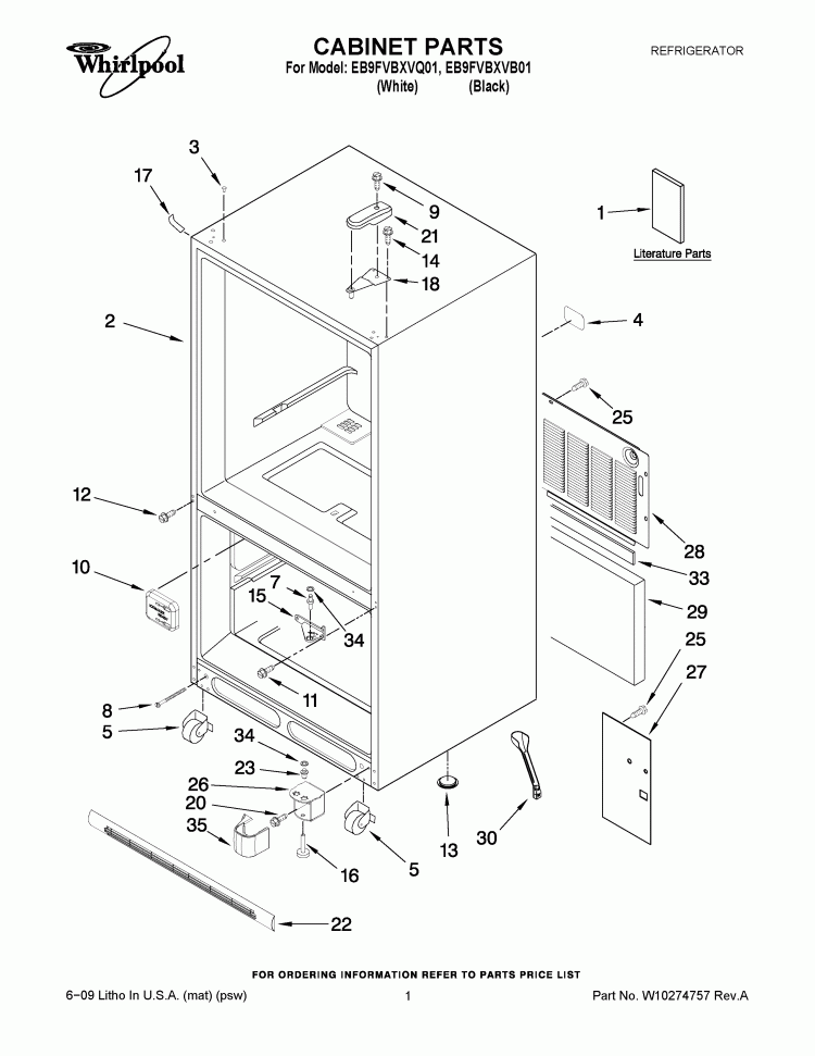 CABINET PARTS Diagram and Parts List for EB9FVBXVQ01  Whirlpool Refrigerator