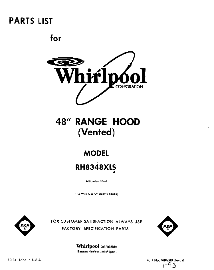 SECTION Diagram and Parts List for RH8348XLS  Whirlpool Range Hood