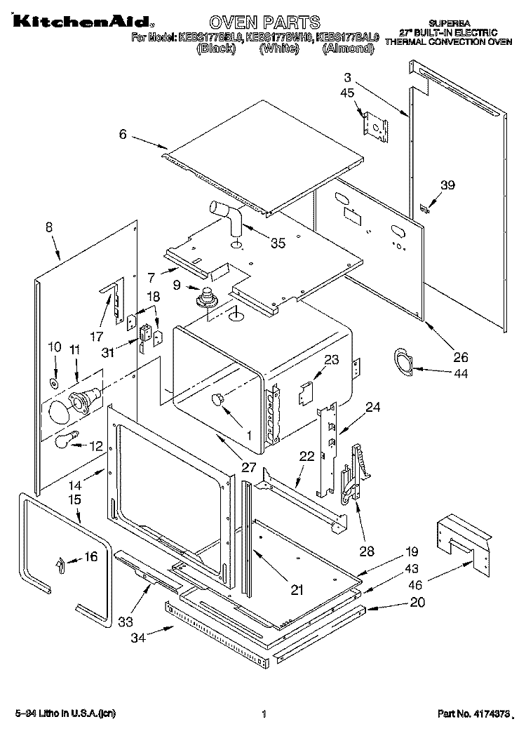 OVEN Diagram and Parts List for KEBS177BAL0  KitchenAid Wall Oven