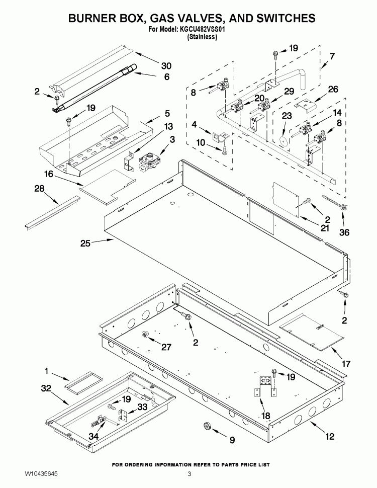 BURNER BOX, GAS VALVES, AND SWITCHES Diagram and Parts List for KGCU482VSS01  KitchenAid Cooktop