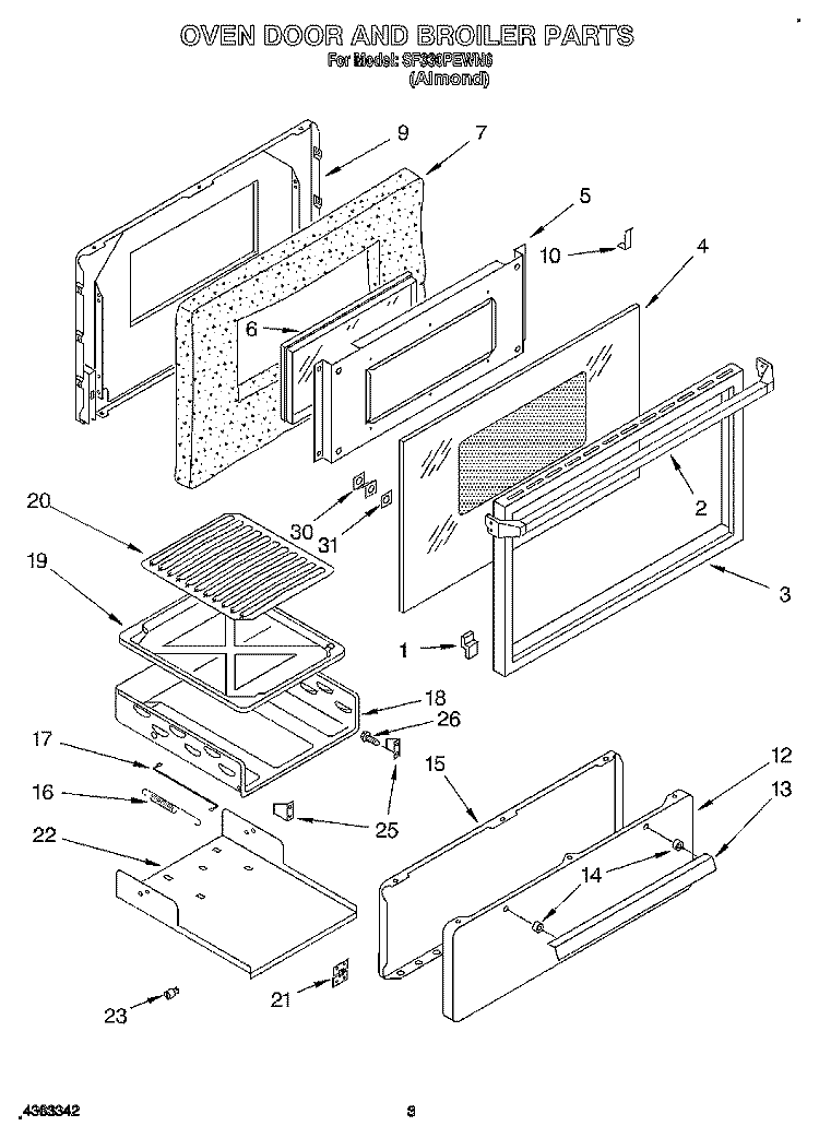OVEN DOOR AND BROILER Diagram and Parts List for SF330PEWN6  Whirlpool Range