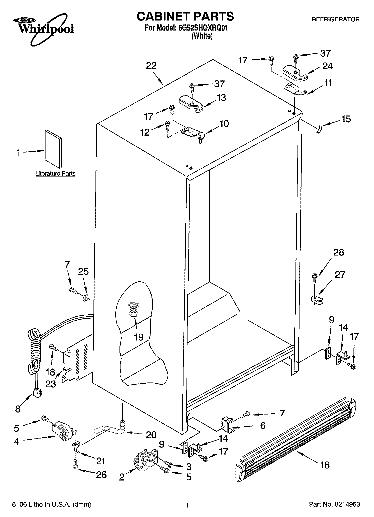 CABINET PARTS Diagram and Parts List for 6GS2SHQXRQ01  Whirlpool Refrigerator