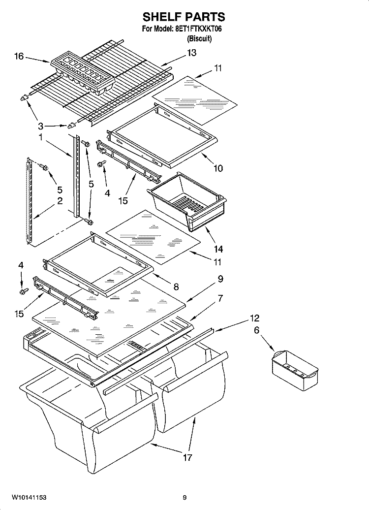 SHELF PARTS, OPTIONAL PARTS Diagram and Parts List for 8ET1FTKXKT06  Whirlpool Refrigerator