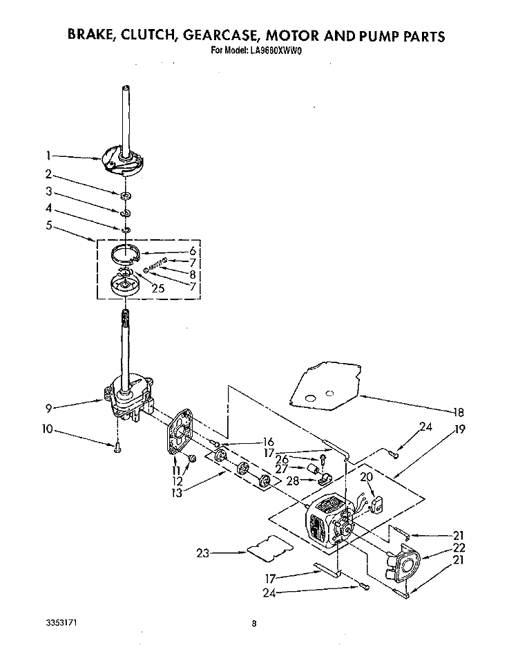 BRAKE, CLUTCH, GEARCASE, MOTOR AND PUMP Diagram and Parts List for LA9680XWN0  Whirlpool Washer