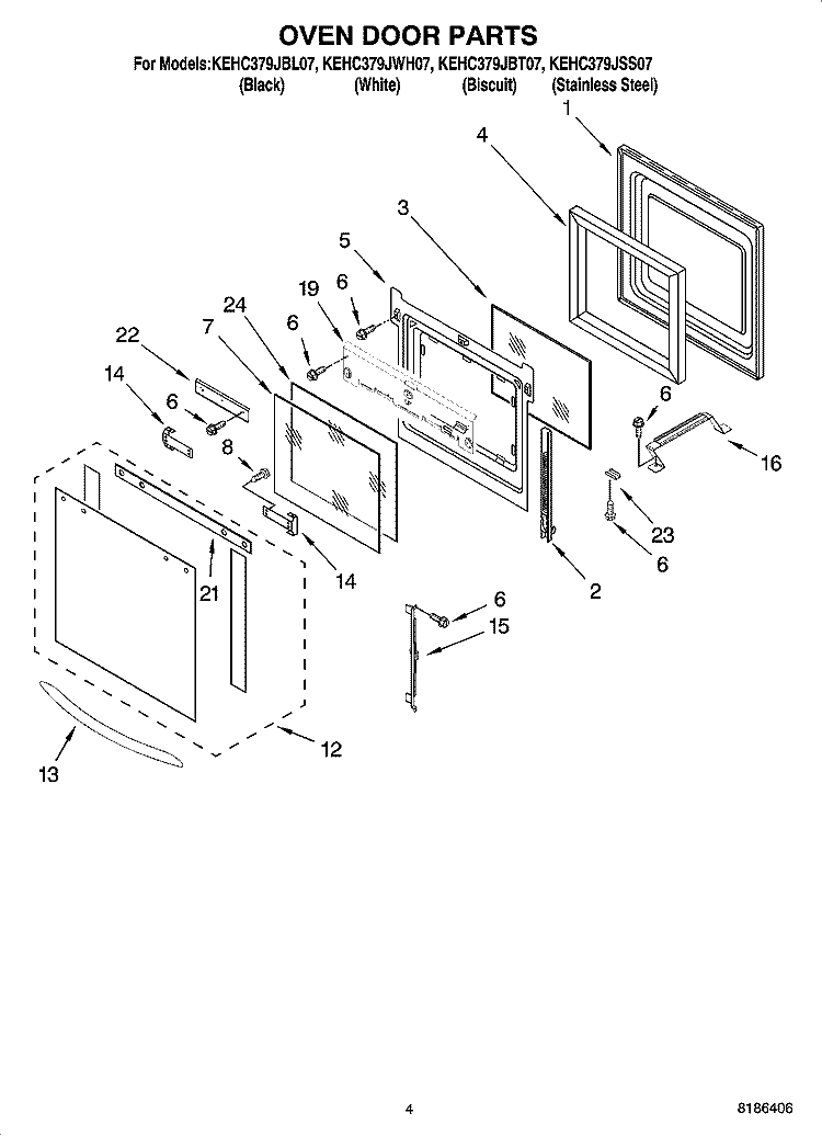 OVEN DOOR PARTS Diagram and Parts List for KEHC379JSS07  KitchenAid Microwave Oven Combo
