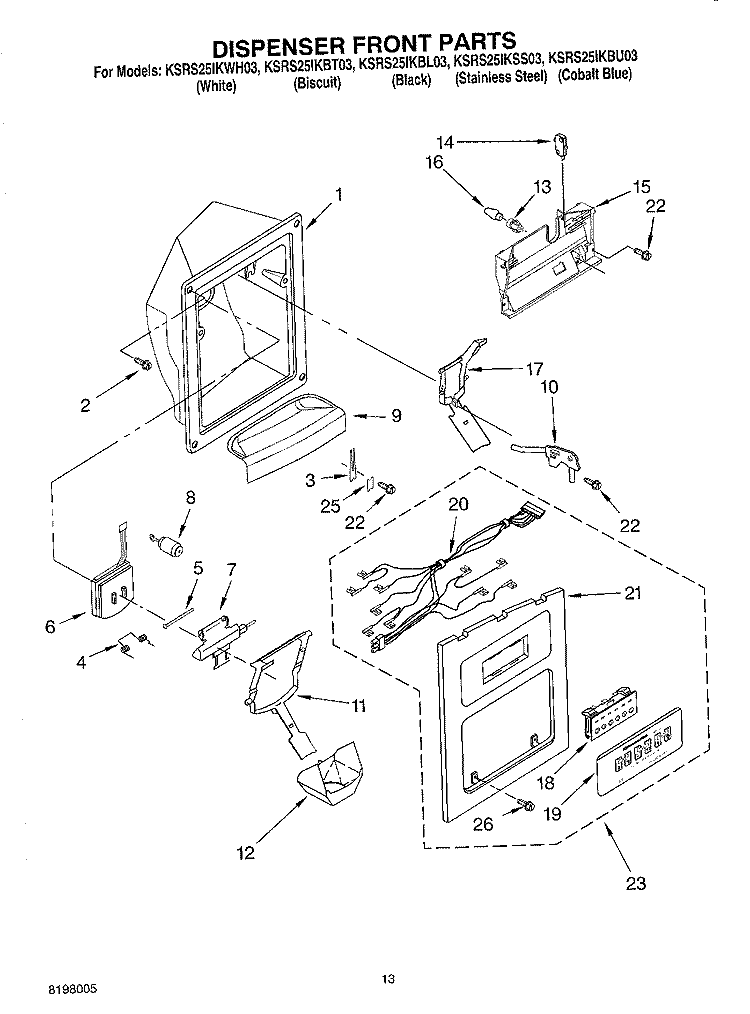 DISPENSER FRONT PARTS Diagram and Parts List for KSRS25IKBT03  KitchenAid Refrigerator