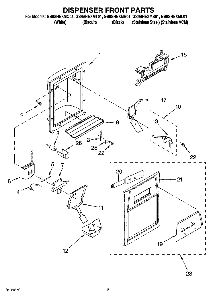 DISPENSER FRONT PARTS Diagram and Parts List for GS6SHEXML01  Whirlpool Refrigerator