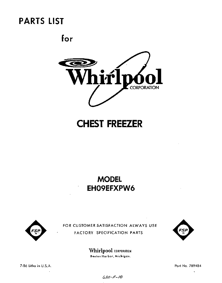 SECTION Diagram and Parts List for EH09EFXPW6  Whirlpool Freezer